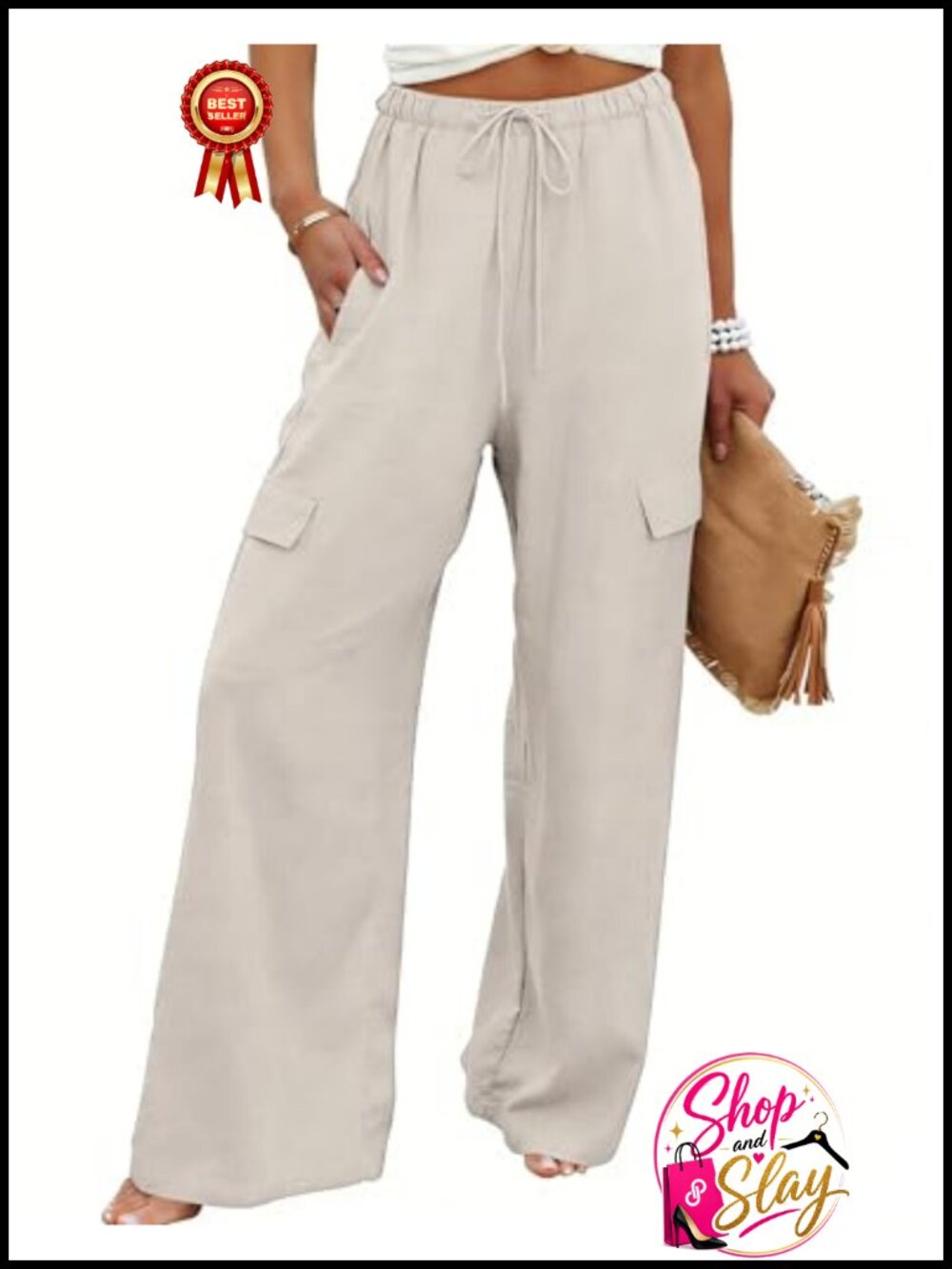 Women's Cotton Linen Wide Leg Palazzo Pants Drawstring Lounge High Rise